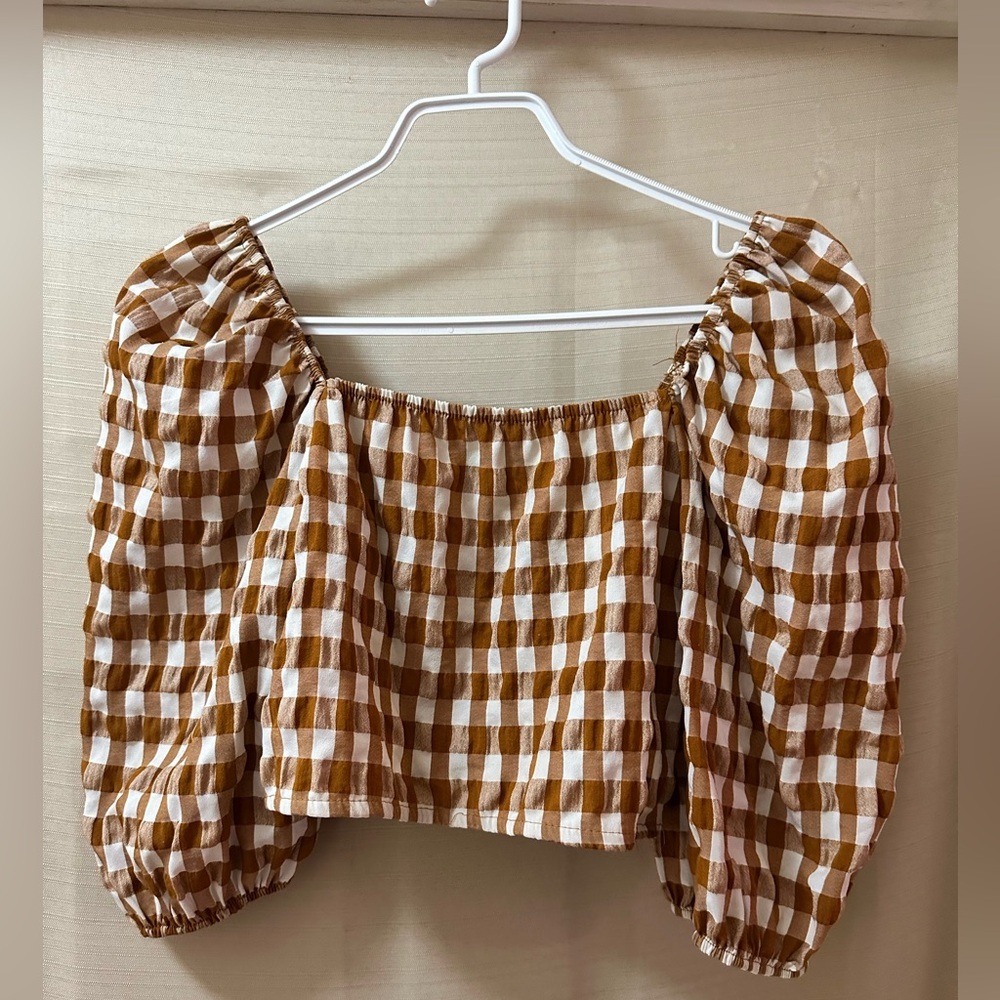 Bershka BOGO Brown Gingham Puff Sleeve Crop Top Cottagecore Blouse ⚫️